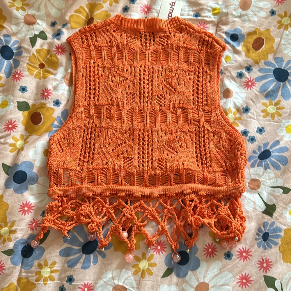Zara Crochet Knit Vest Beaded Sz sm Trend Crop Fringe - Picture 7 of 8